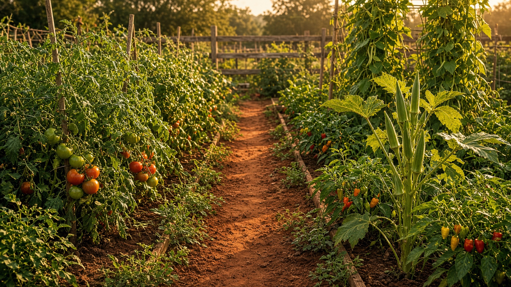 Late-summer vegetable rows on the Mize farm