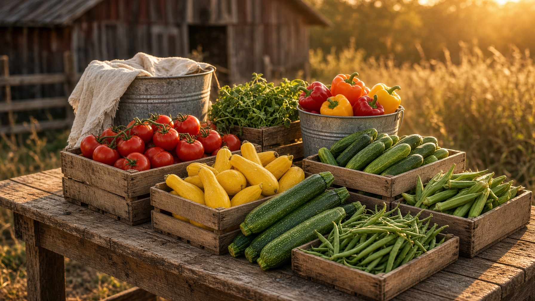Harvest crates of tomatoes, squash, beans, and peppers on a farm table