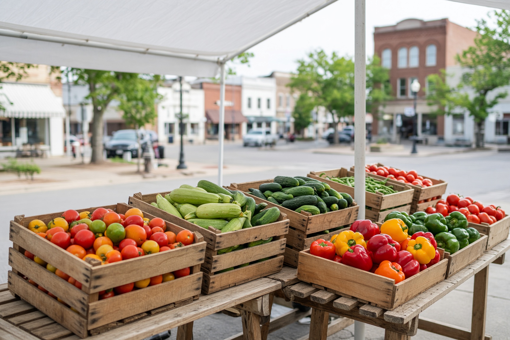 Farmers market stall with crates of produce