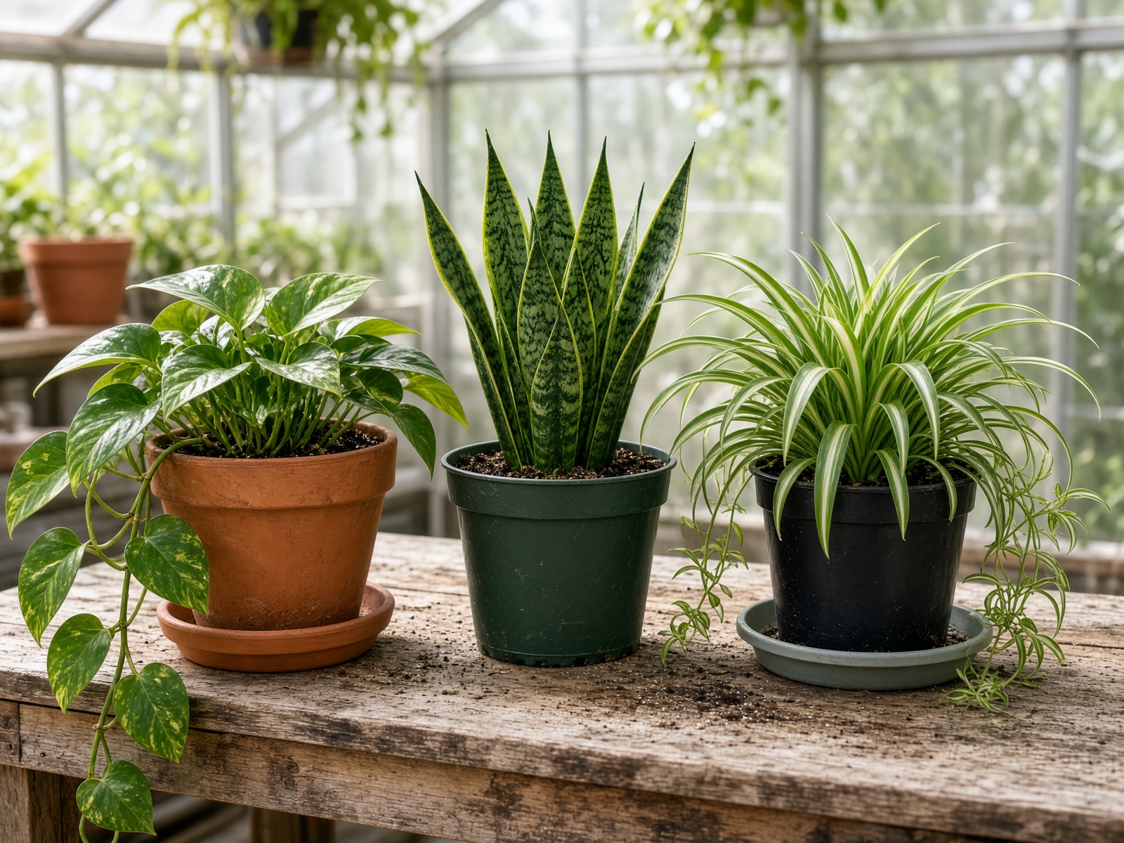 House plants on a greenhouse bench
